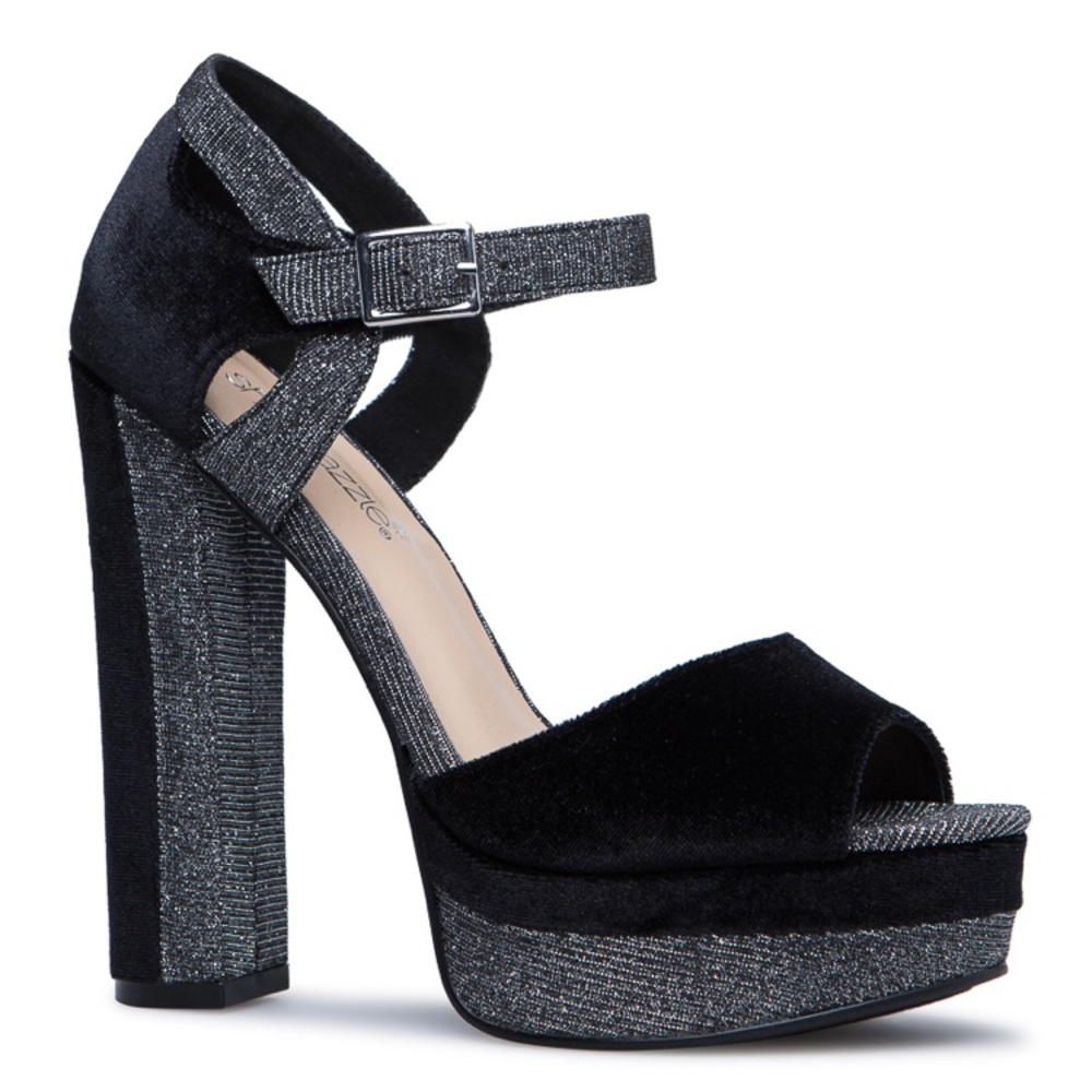 NIB Shoe Dazzle Black Velvet Platform Sandals - Picture 2 of 7